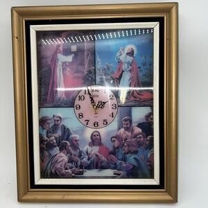 Vtg Eleco Wall Clock Jesus Holographic Framed Last Supper, Door Knock, Praying